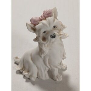 Antique Porcelain White Pink Bow Dog Italian Figurine, Tiche Company,